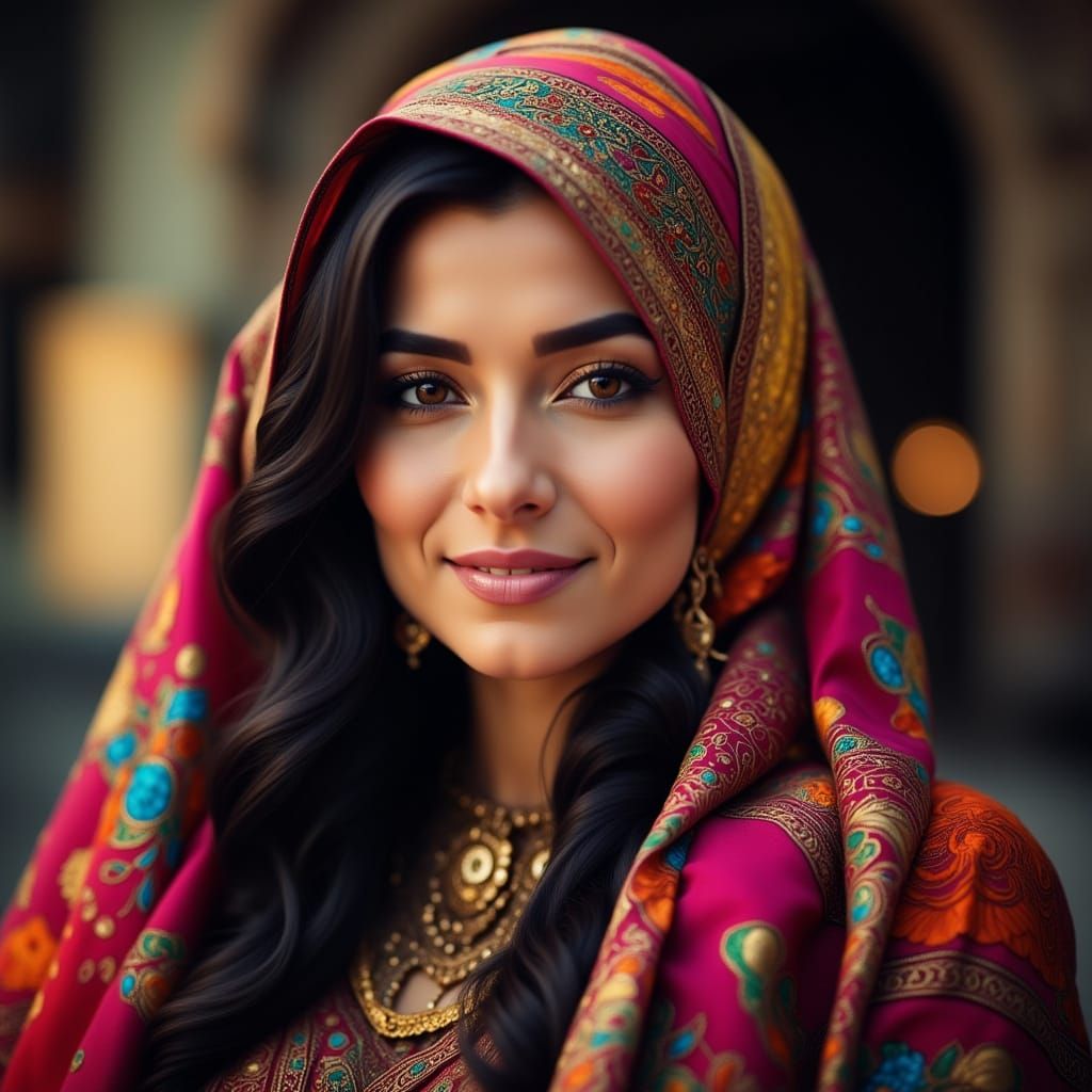 Stunning Muslim Woman Portrait with Floral Scarf