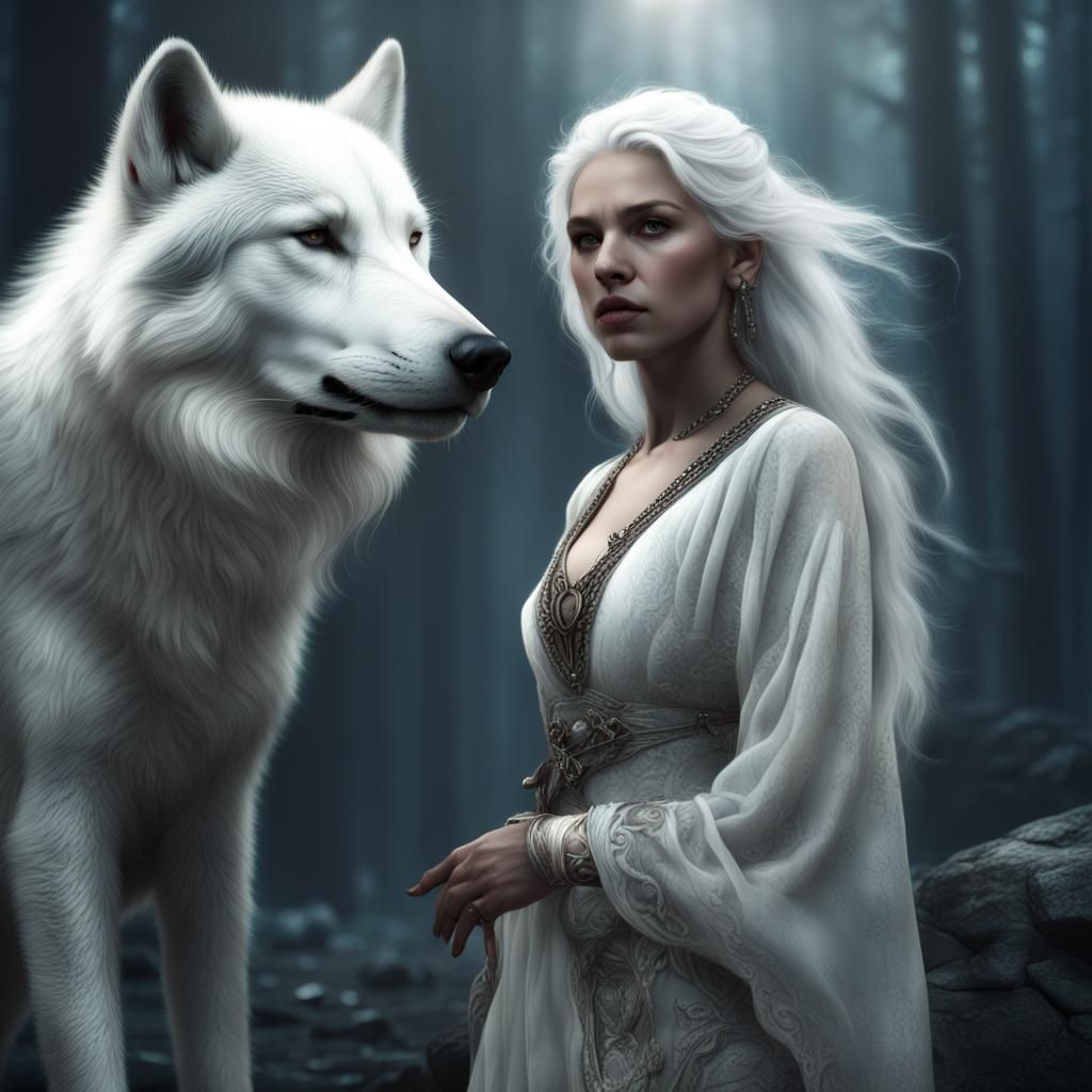 Woman with White Wolf: Epic Digital Matte Painting