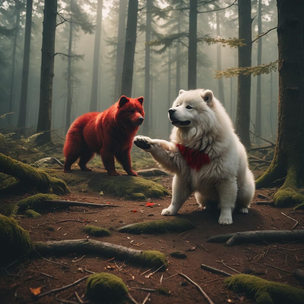 Samoyed Puppy and Red Bear Wrestle in Misty Forest