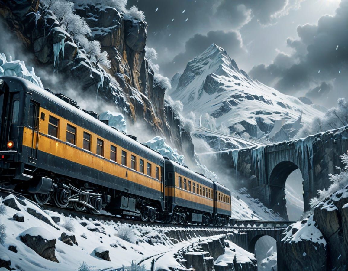 Surreal Train in Snowy Mountains, Ethereal Dreamlike Style