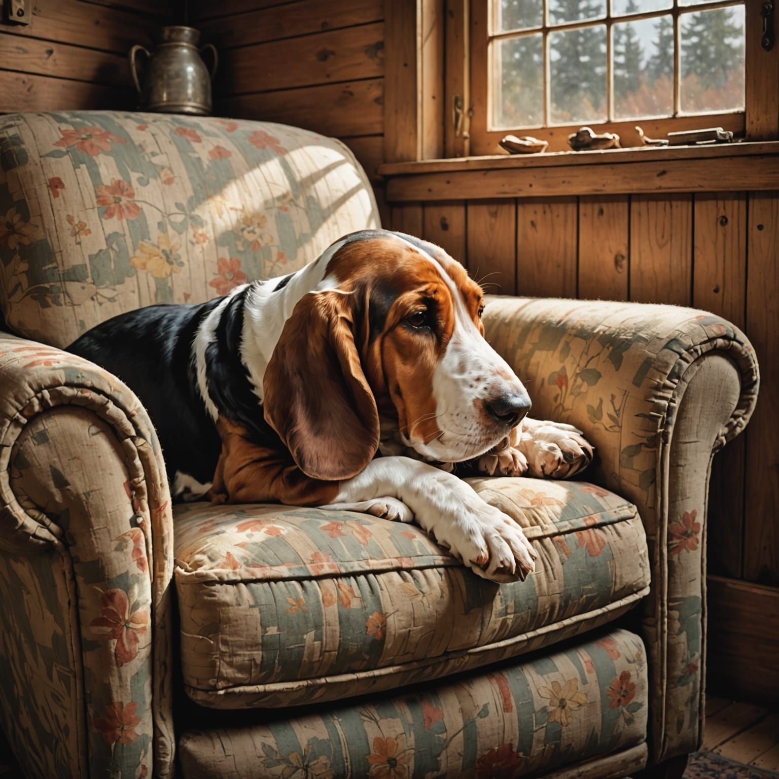 Basset Hound Napping in Cozy Cottage, Impressionistic Style