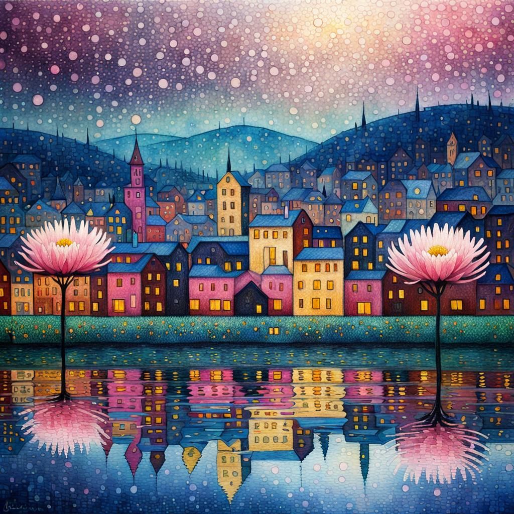 Floating City: Pointillism Folk Art Rainscape