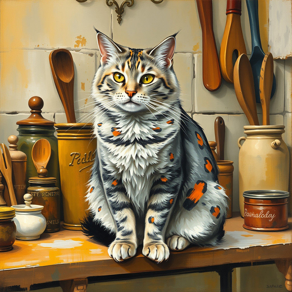 Majestic Cat on Rustic Counter in Impressionist Style