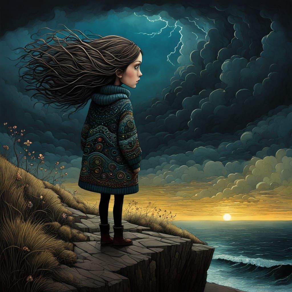 Girl on Rocky Coastline in Evening Storm
