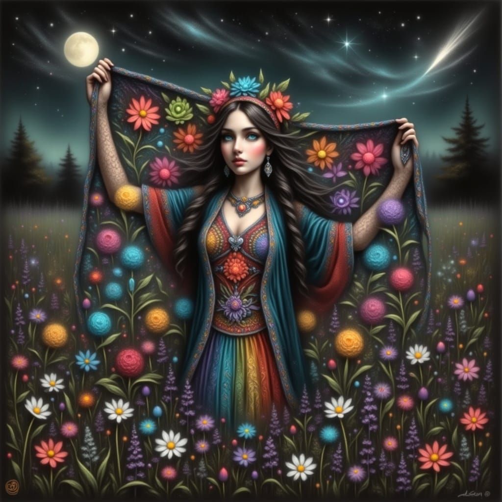 Hippie Woman with Crochet Blanket Under Moonlight