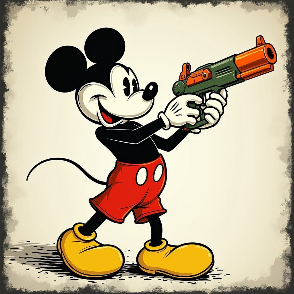 Vintage Mickey Mouse Wields a Nerf Gun in Classic Rubber Hos...