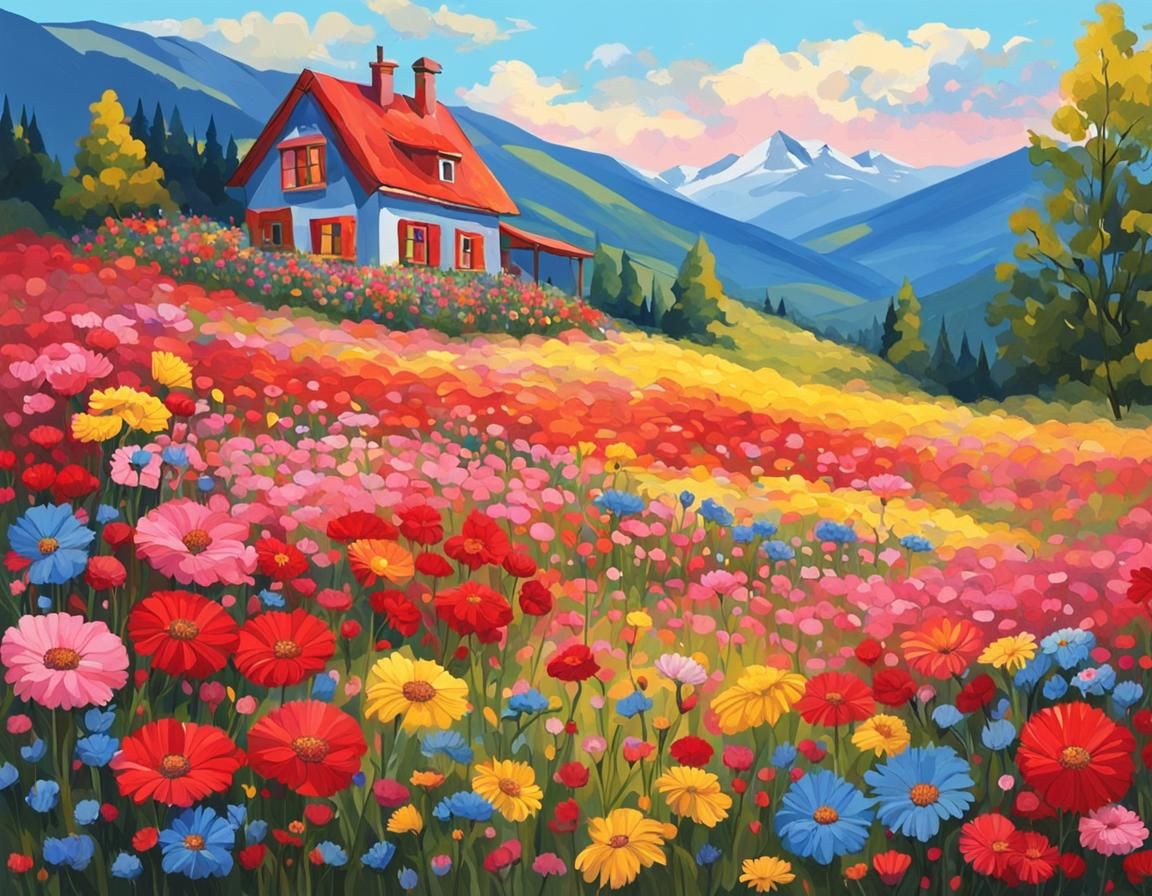Romantic Mountain Meadow with Colorful Flowers