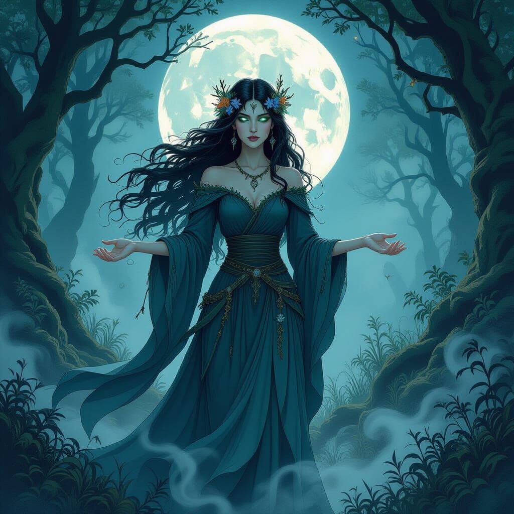 Mysterious Druid Gathering Moon Power in Ancient Forest