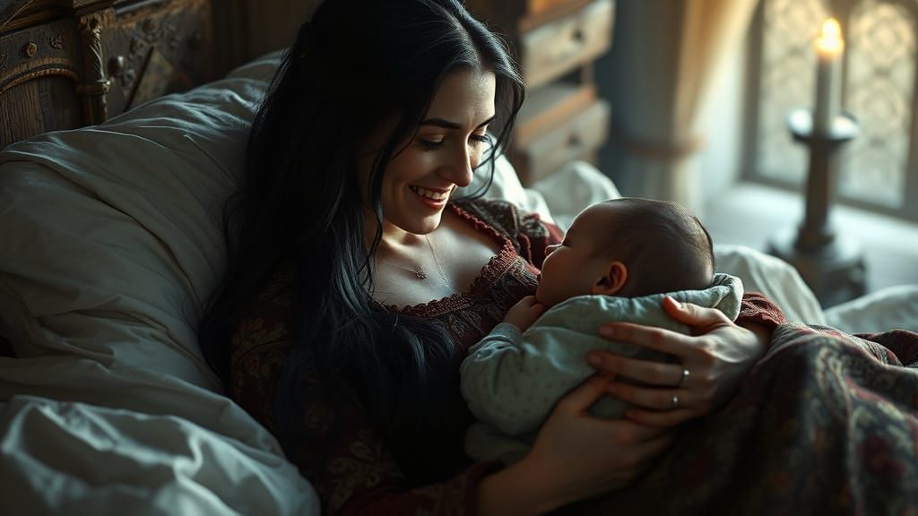 Medieval Mother Adores Her Newborn Son in a Lavish Fantasy B...