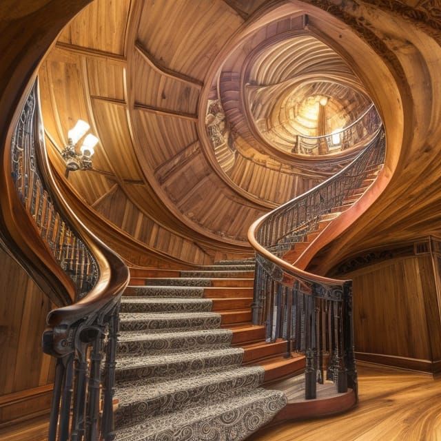 Hyperrealistic Ornate Staircase Spiraling Around Redwood Tre...