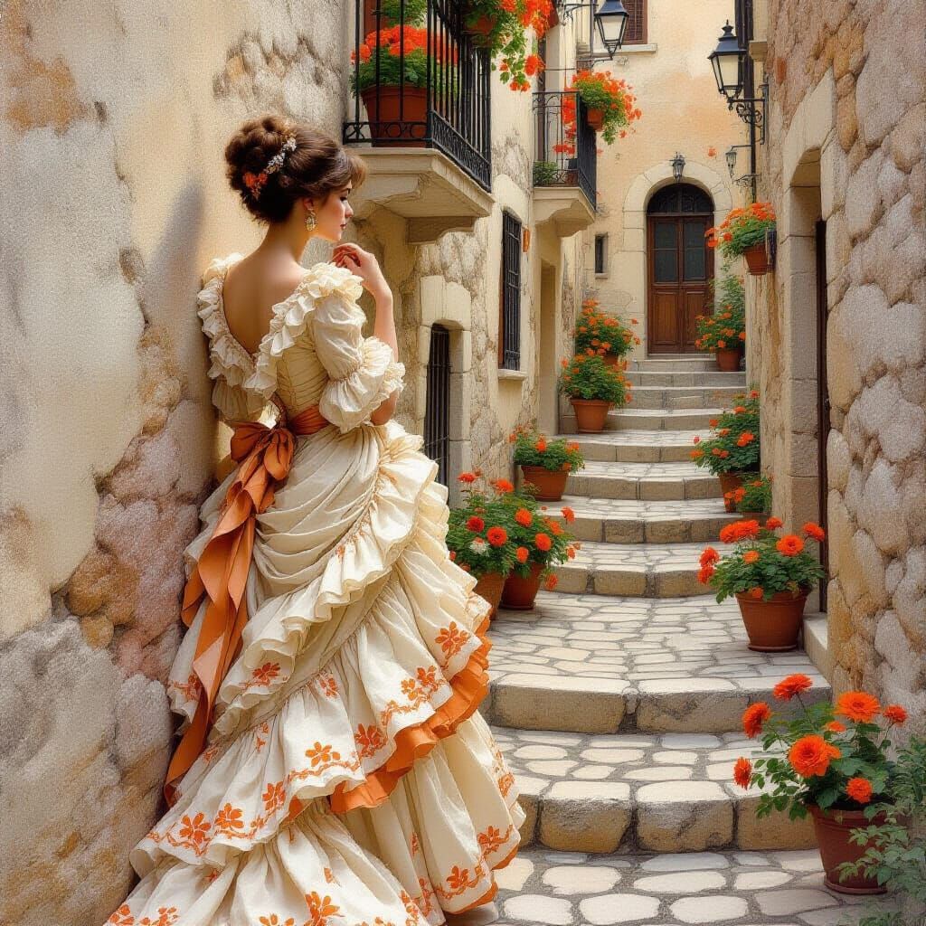 Woman in 19th-Century Gown in Impressionistic Style