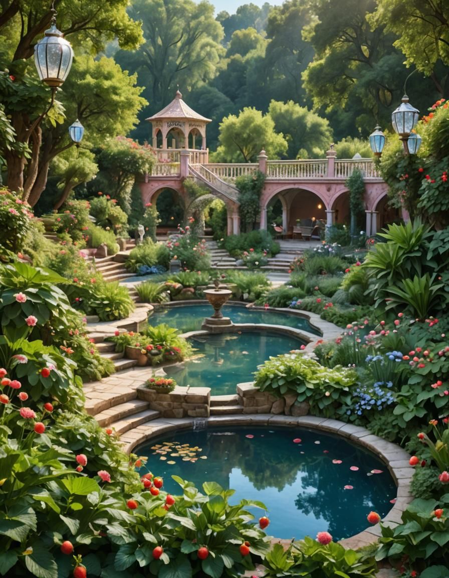 Strawberry Garden with Iridescent Pools, Digital Art