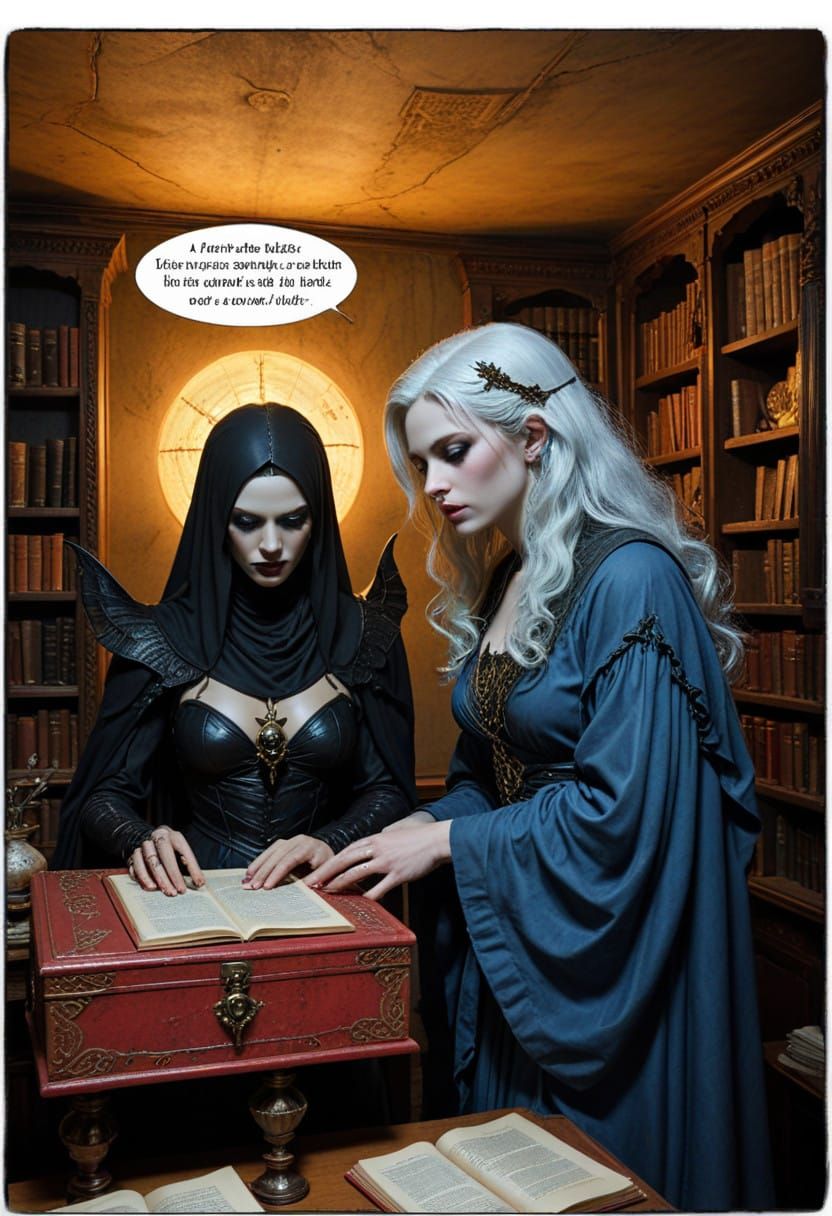 A Sorceress Studies Ancient Tomes in a Mystical Study