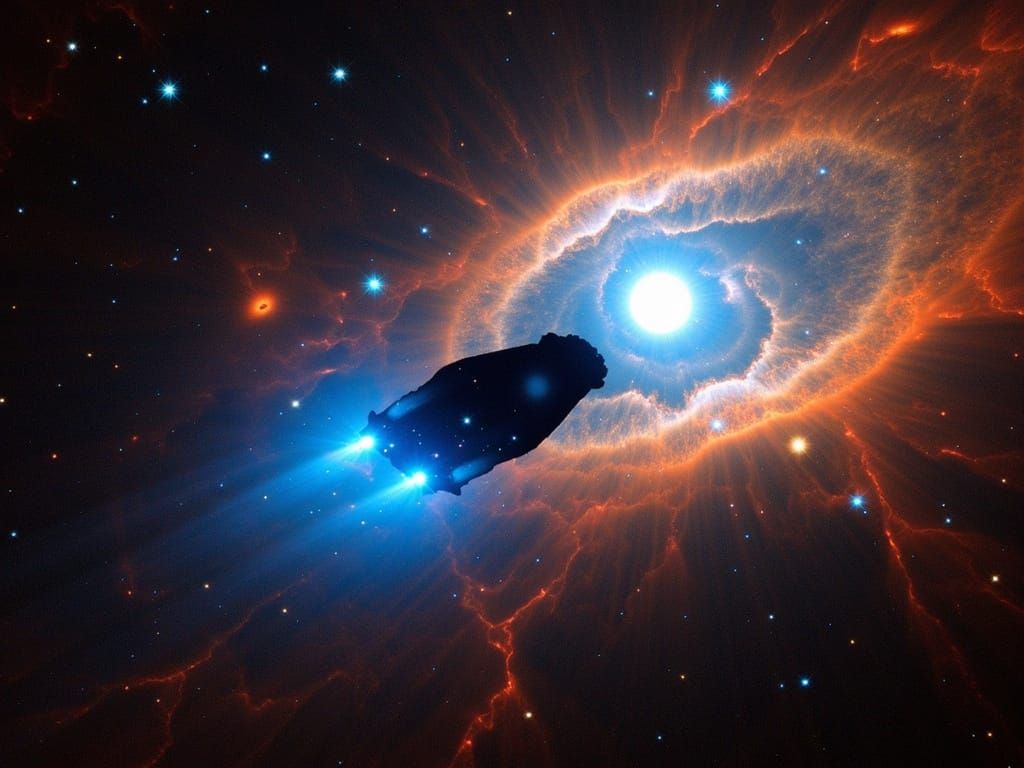 Small Spaceship Drifting Through Vibrant Nebula