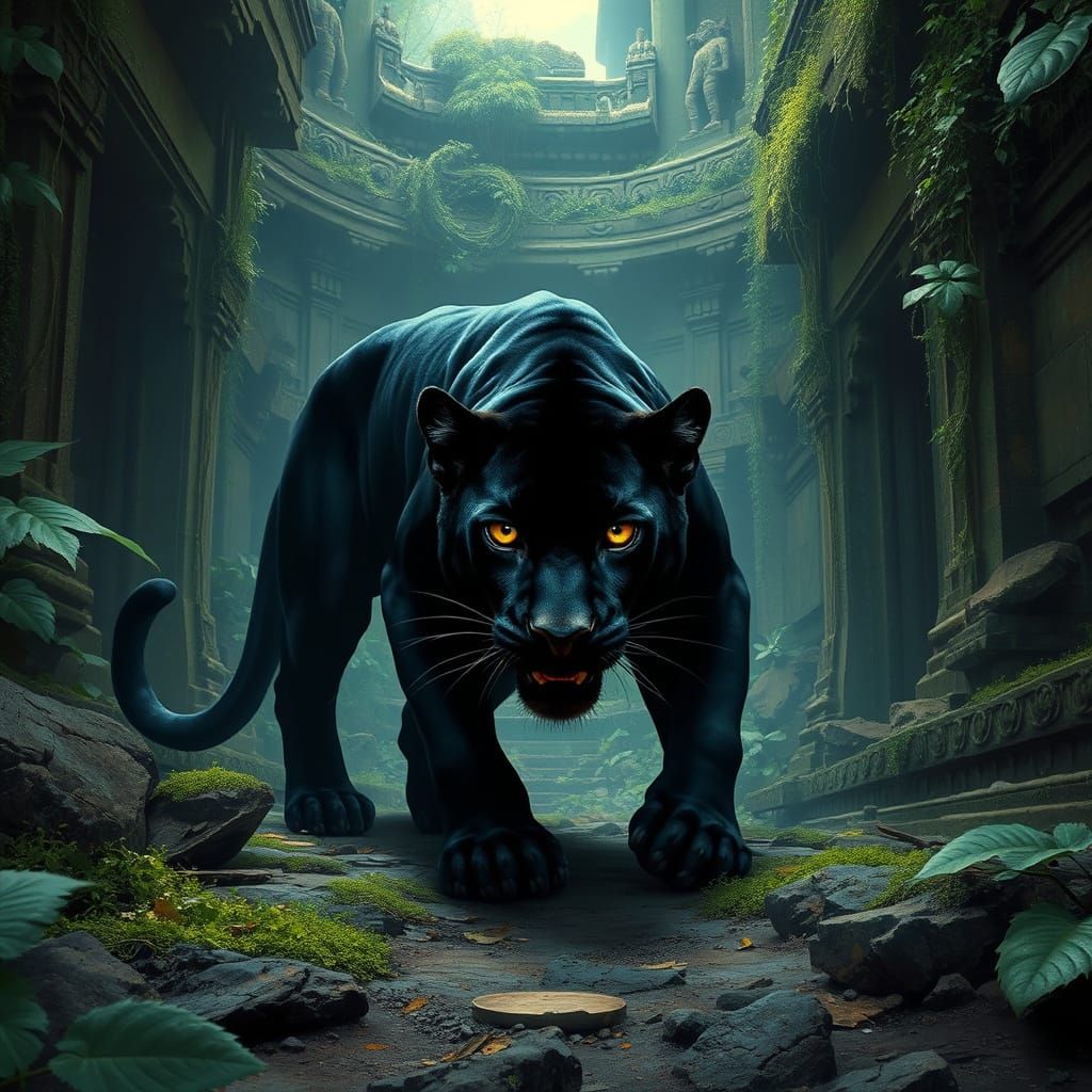 Black Panther Prowls Ancient Ruins in Matte Painting Style