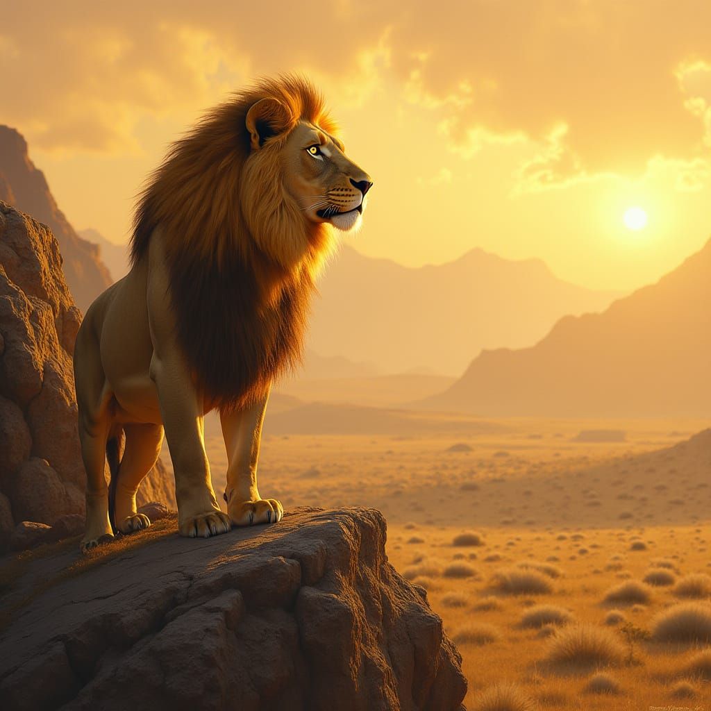 Regal Lion Dominates Golden Savannah in Impressionist Oil Pa...