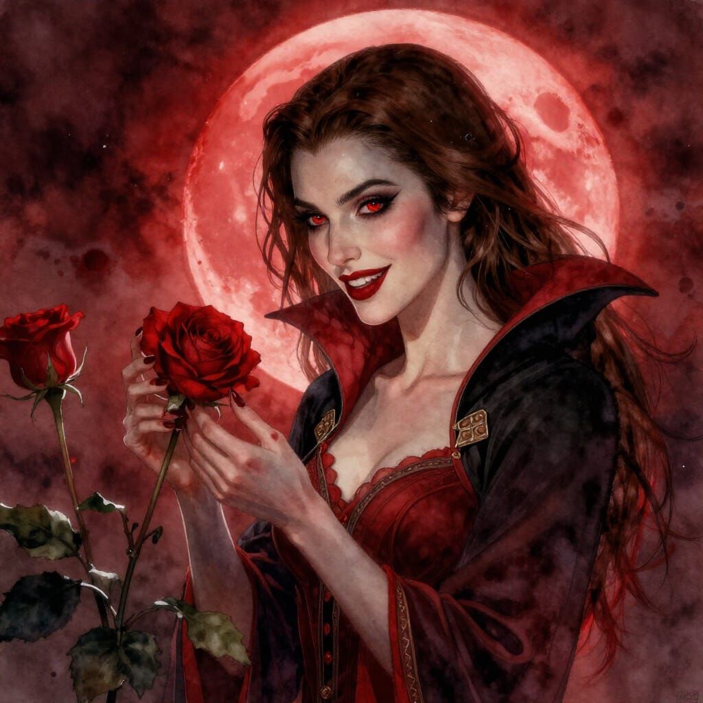 Vampire Woman Picks Flowers Under Blood Red Moonlight in Wat...