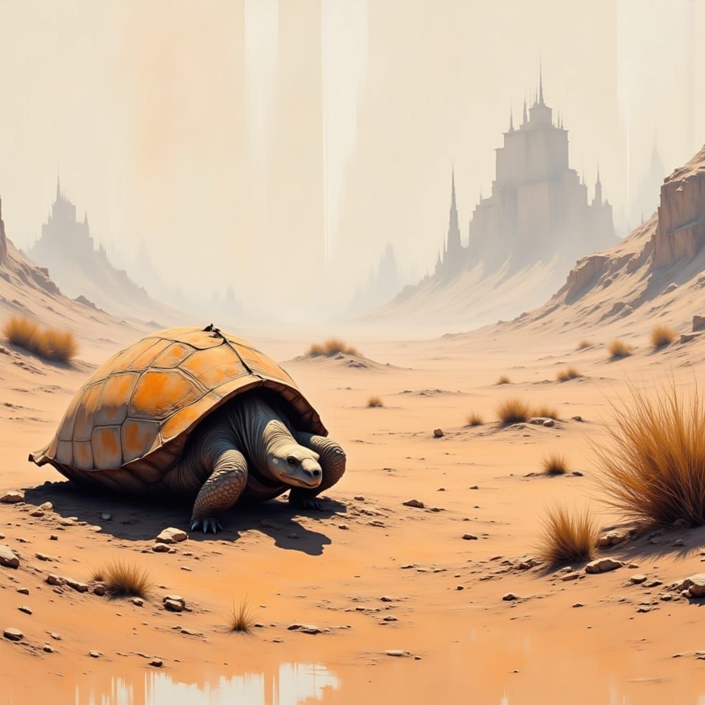 Solitary Tortoise in a Vast Desert Landscape