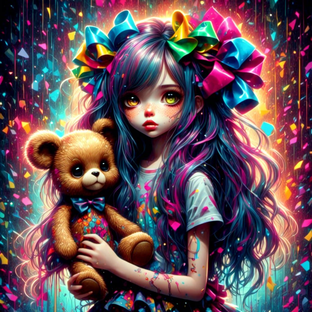 Adorable Girl with Teddy Bear in Graffiti Art Style