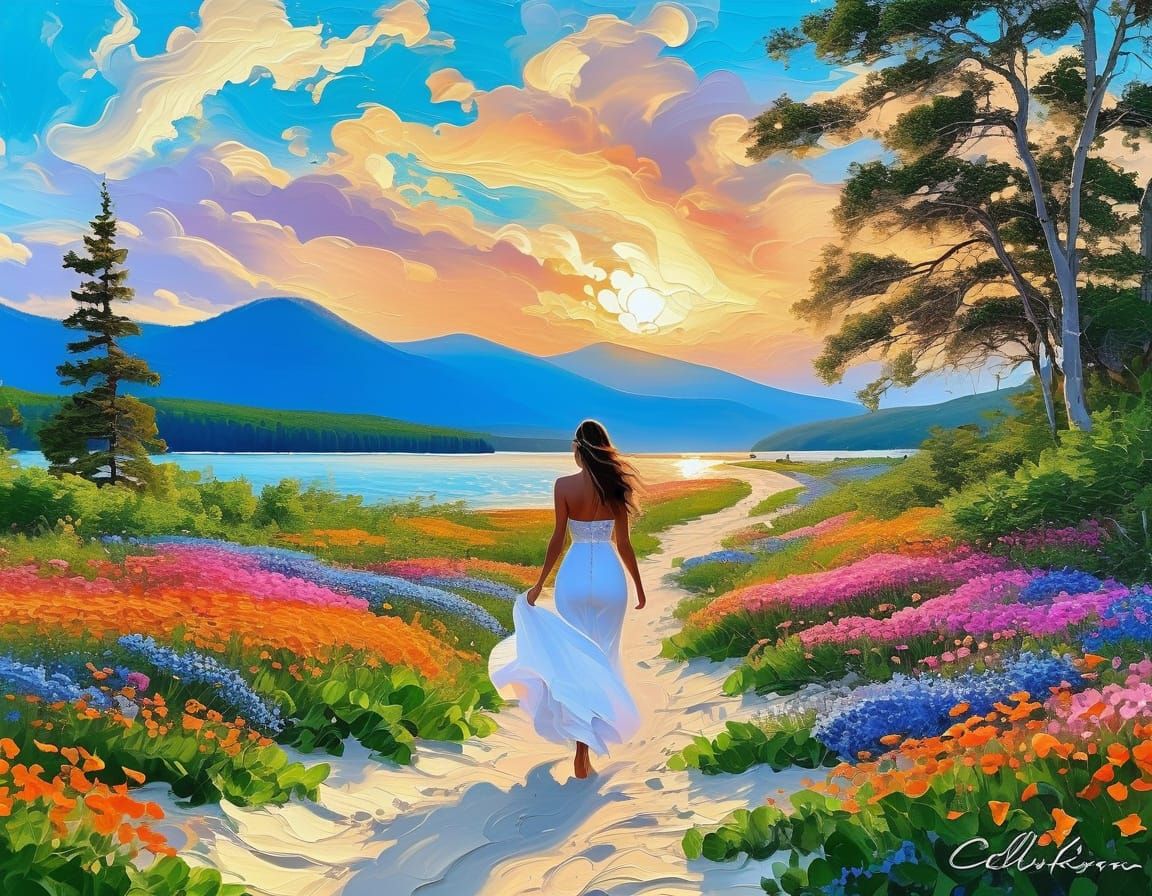 beautiful woman strolling through a mountain meadow prairie ...