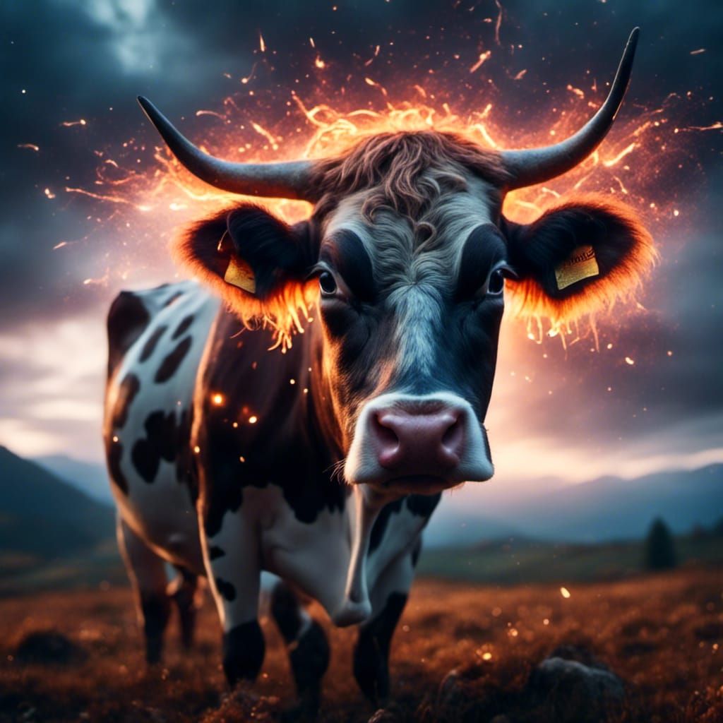 Cow Grazing in Swiss Field with Lightning