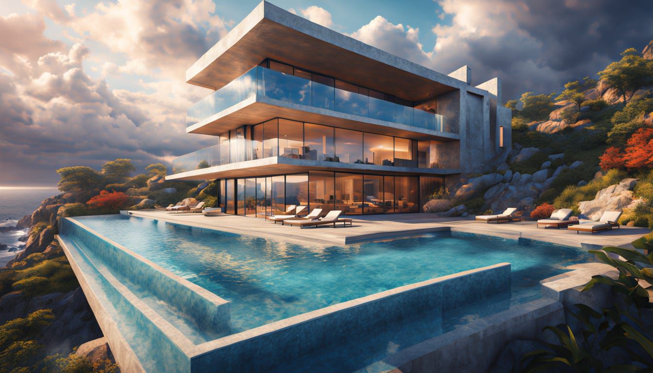 Cliffside Mansion with Pool in Splash Art Style