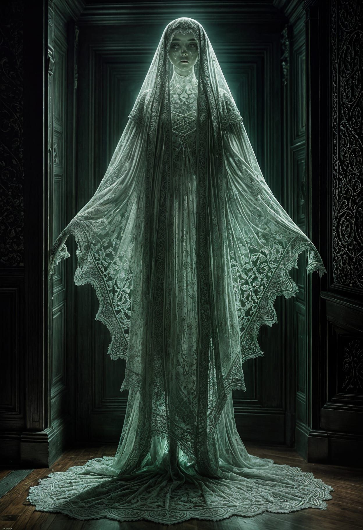 Bioluminescent Lace Ghost in Haunted House: Photorealistic C...