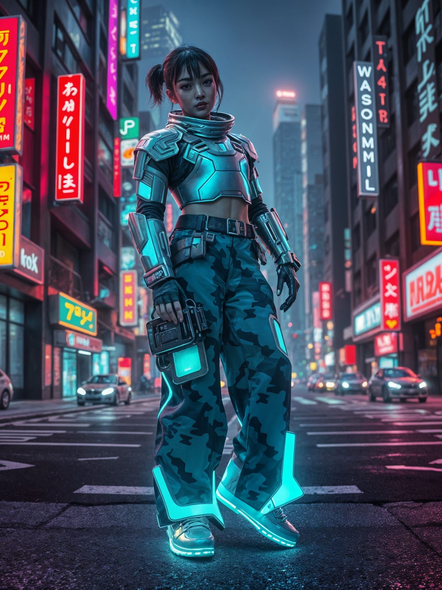 Cyberpunk Woman in Holographic Armor