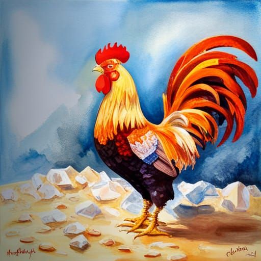 Hyperrealistic Crystal Rooster in Gouache Style