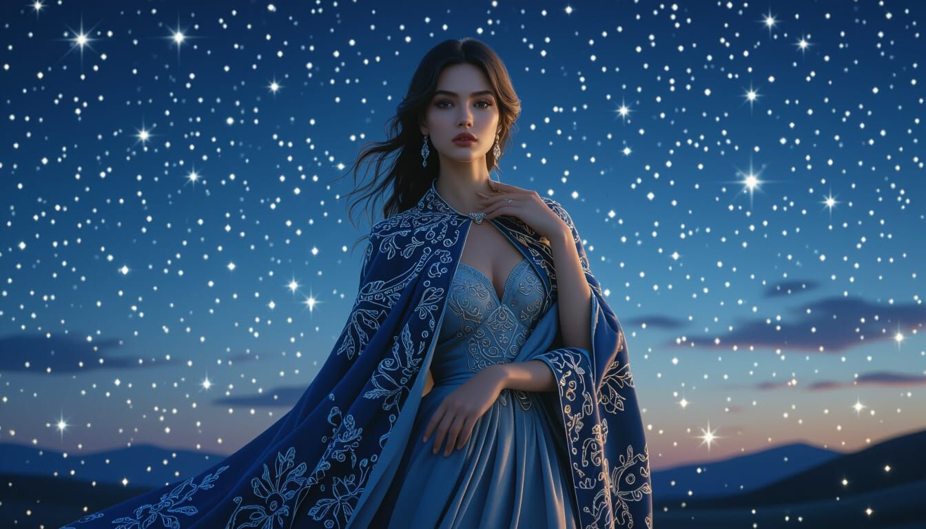 Stargazing Woman in Embroidered Cloak