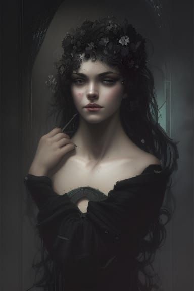 Gothic Girl Portrait with Black Tears, Hyperdetailed Art