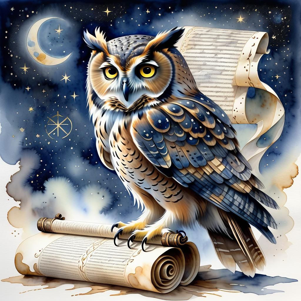 Watercolor Owl on Ancient Scroll of Wisdom