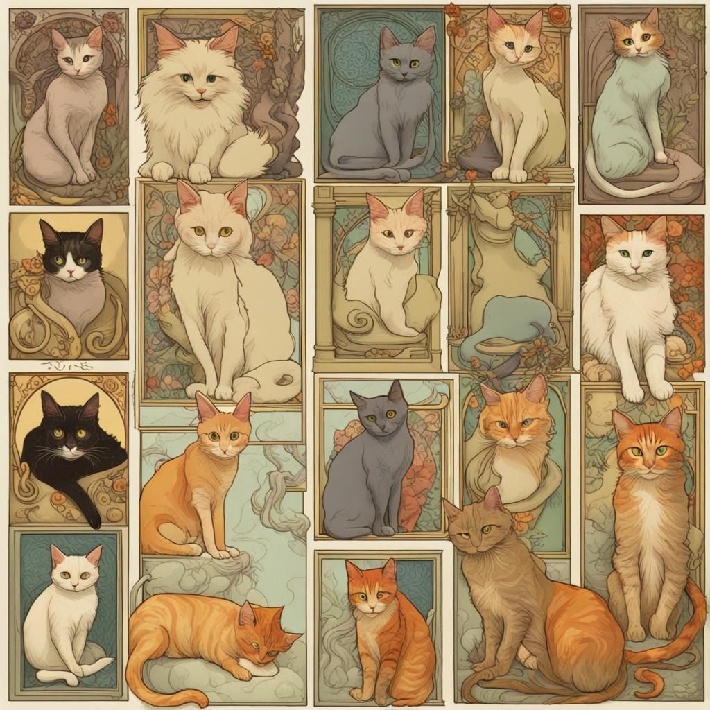 Cats in Vintage Frame, Art Nouveau Style