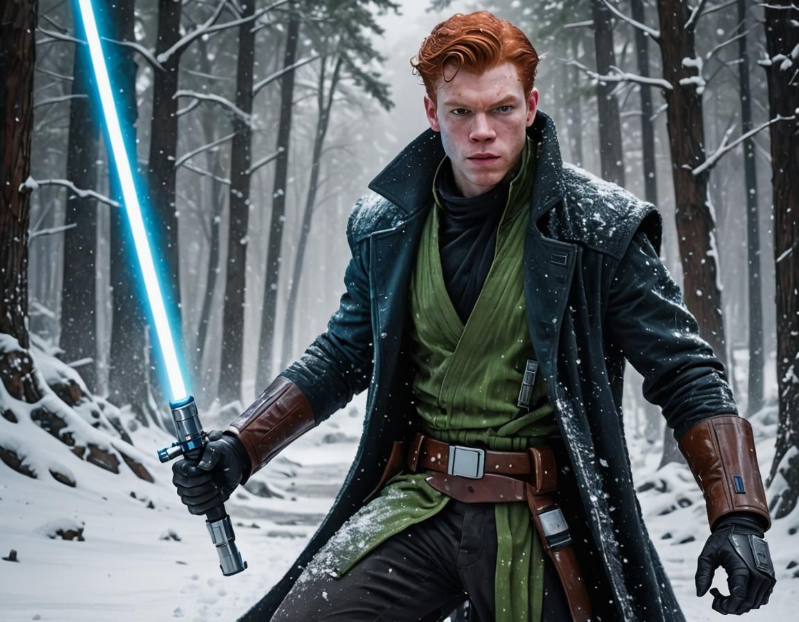 Redhead Man with Lightsaber in Watercolor Style