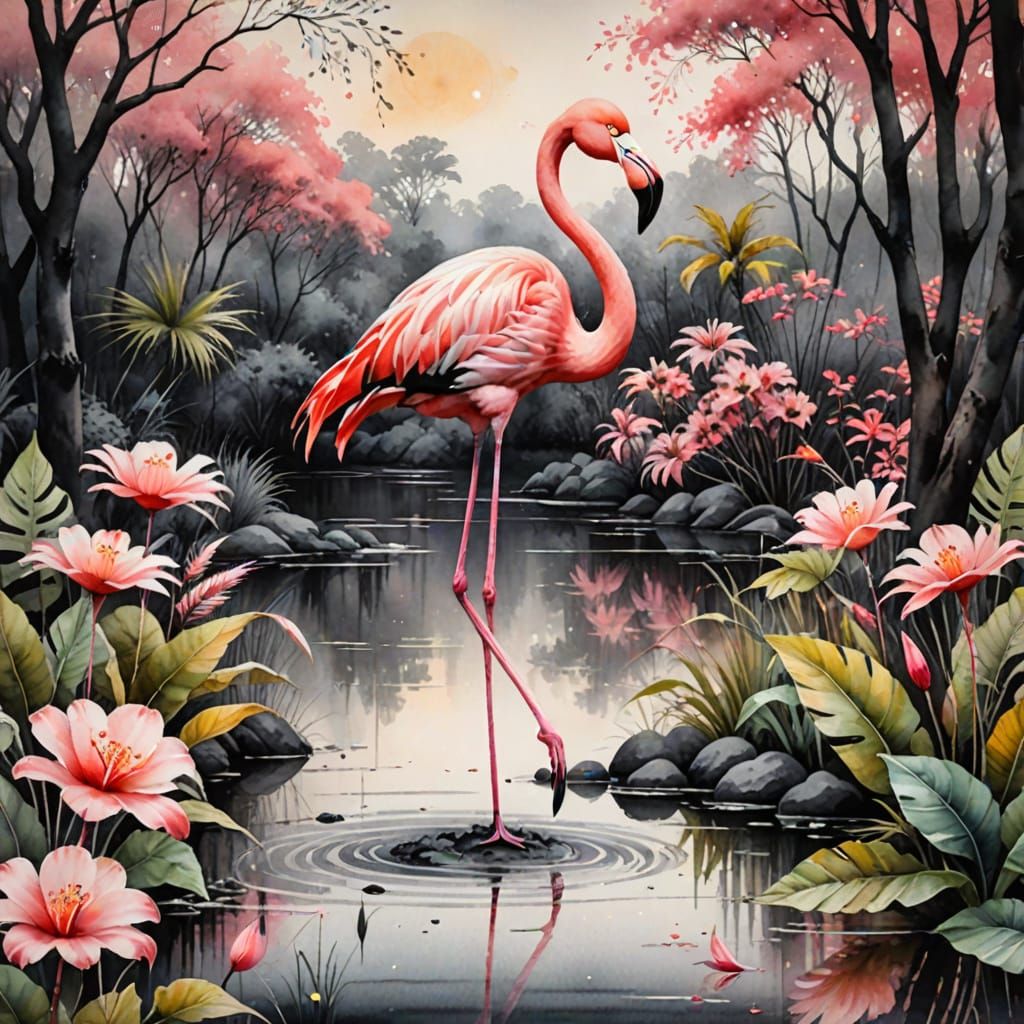 Flamingo on the riverbank. Mixed media with muted black pink coloured trees, leaves twigs and petals in the backgro...