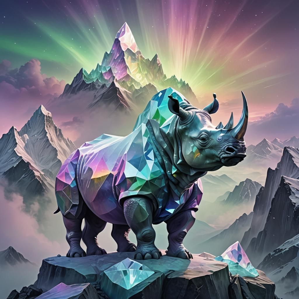 Crystal Rhinoceros on Aurora-Lit Peak: Surreal Digital Art