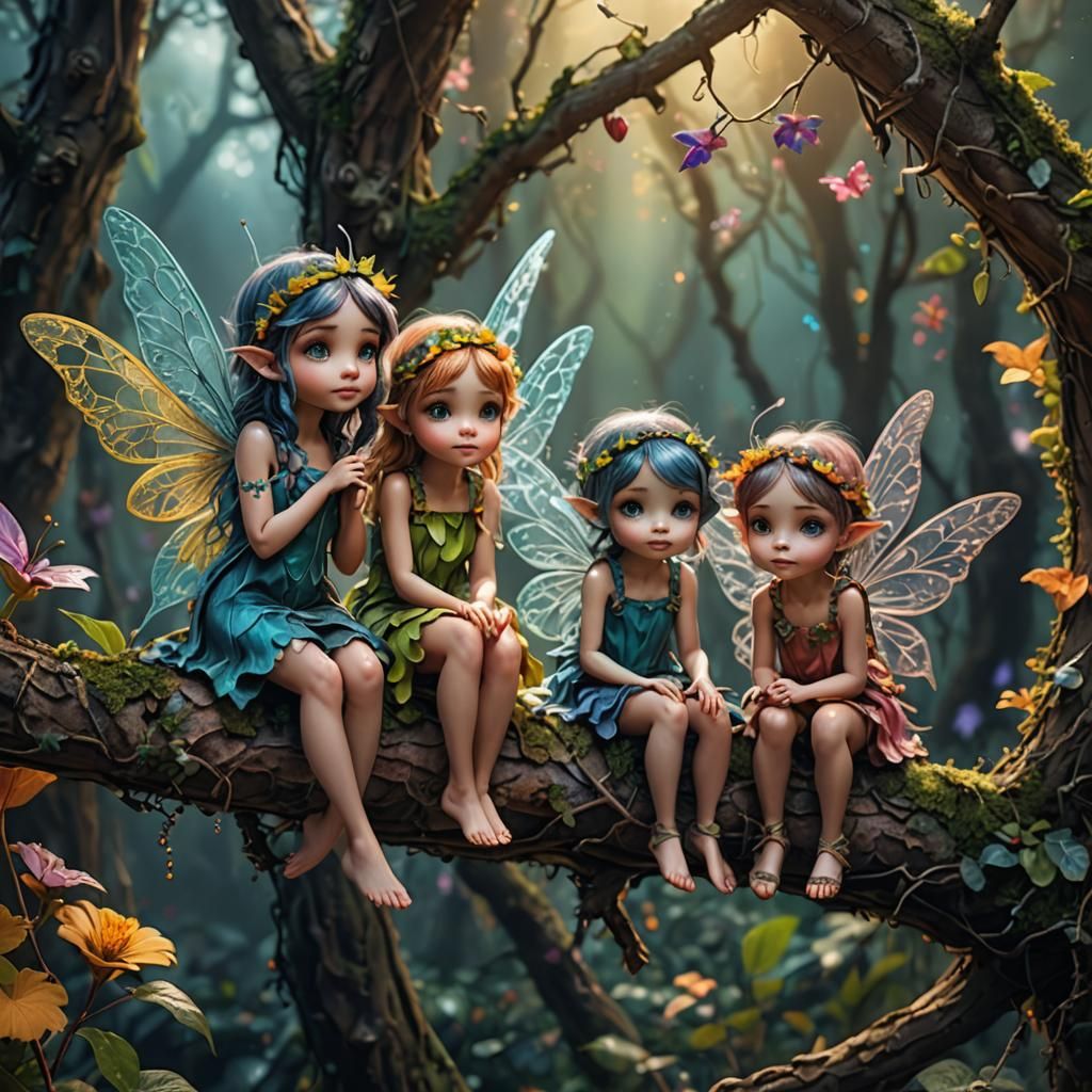 Colorful Fairies on Branch: Digital Matte Painting