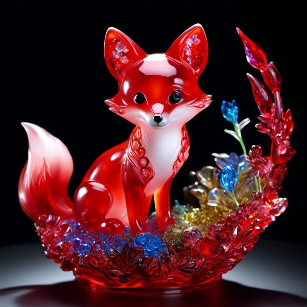 Bioluminescent Fox Sculpture in Red Crystal Glass