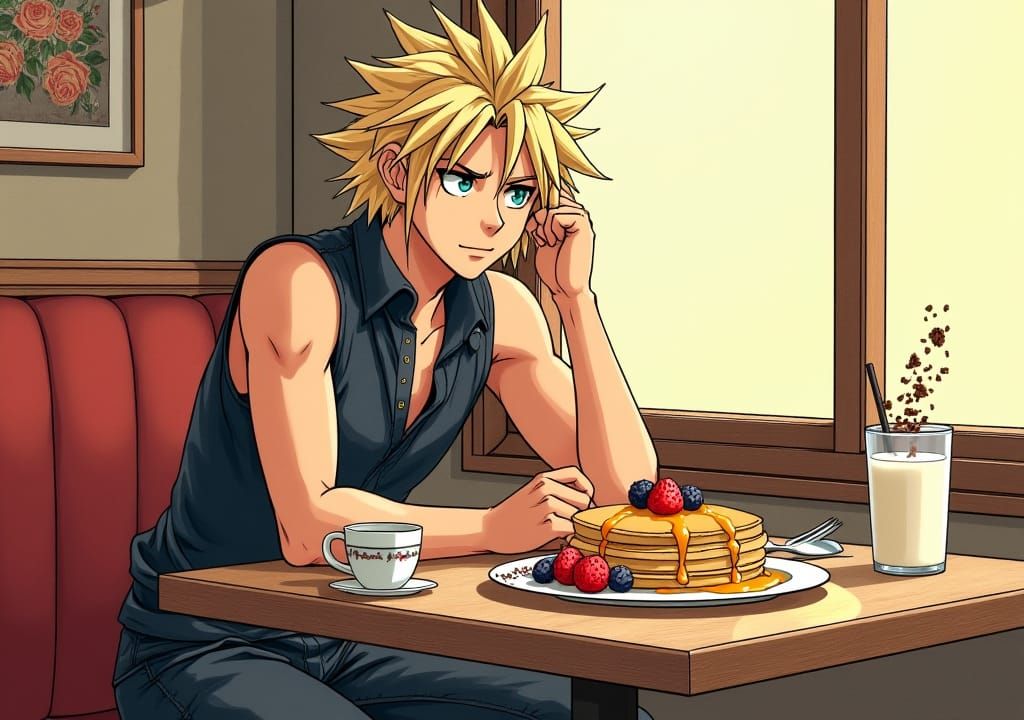 Cloud Strife at Whimsical Café in Comic Style