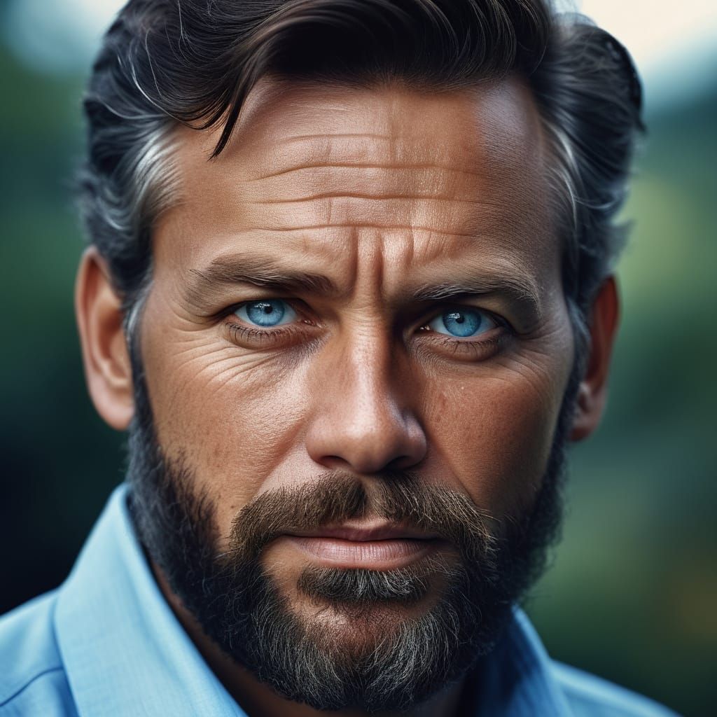 A Hyper-Realistic Portrait of a Bearded Man in Sky Blue