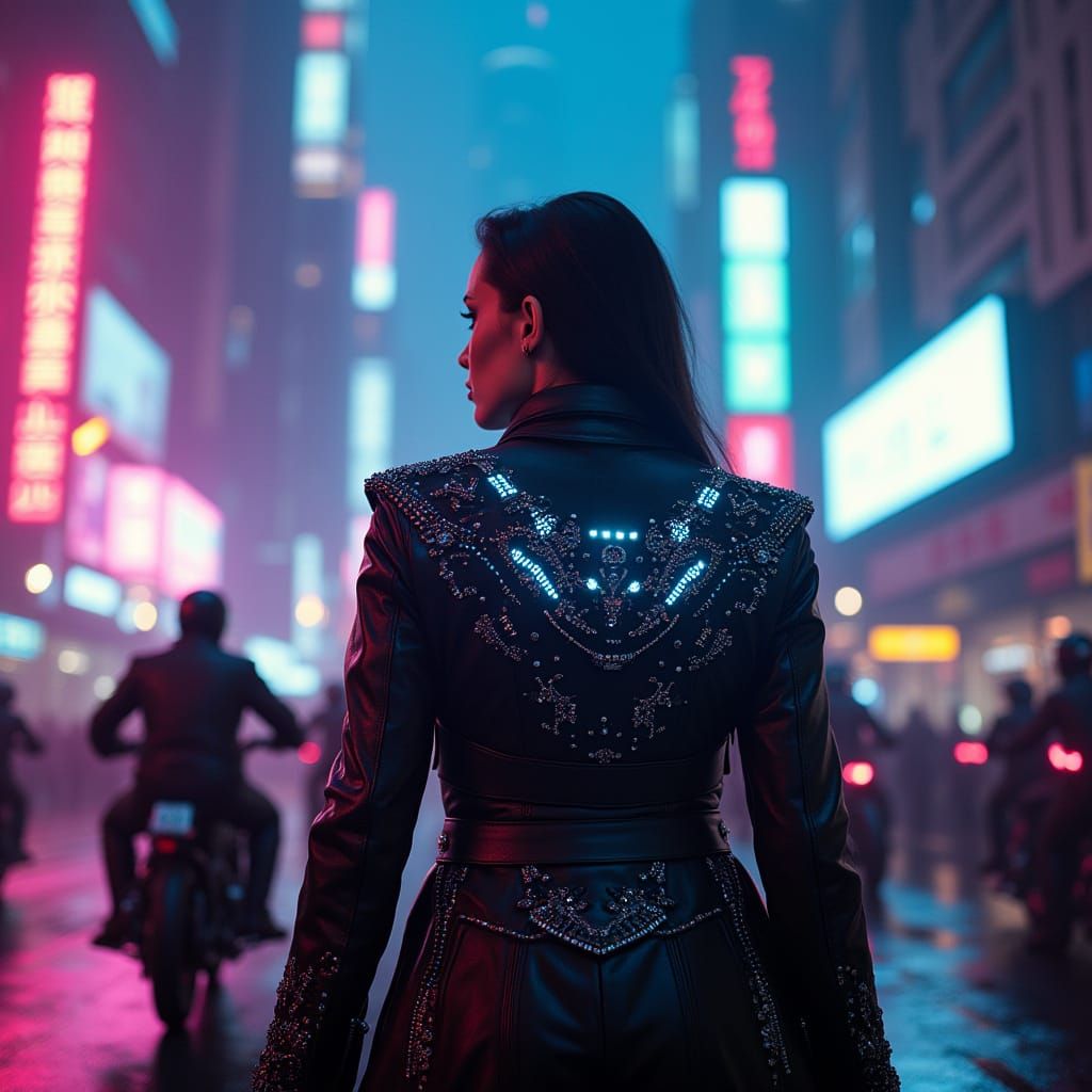 Cyberpunk Gang Leader in Neon Cityscape