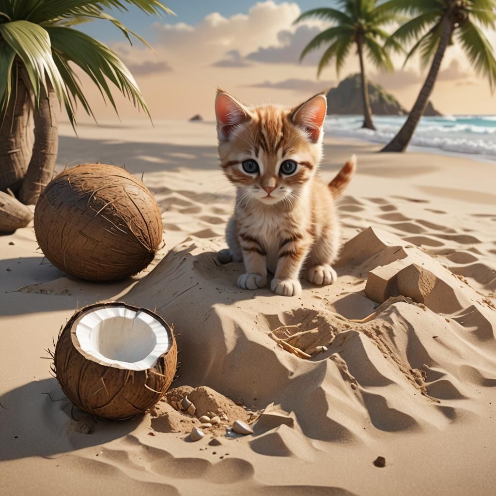 Kitten exploring a tropical beach