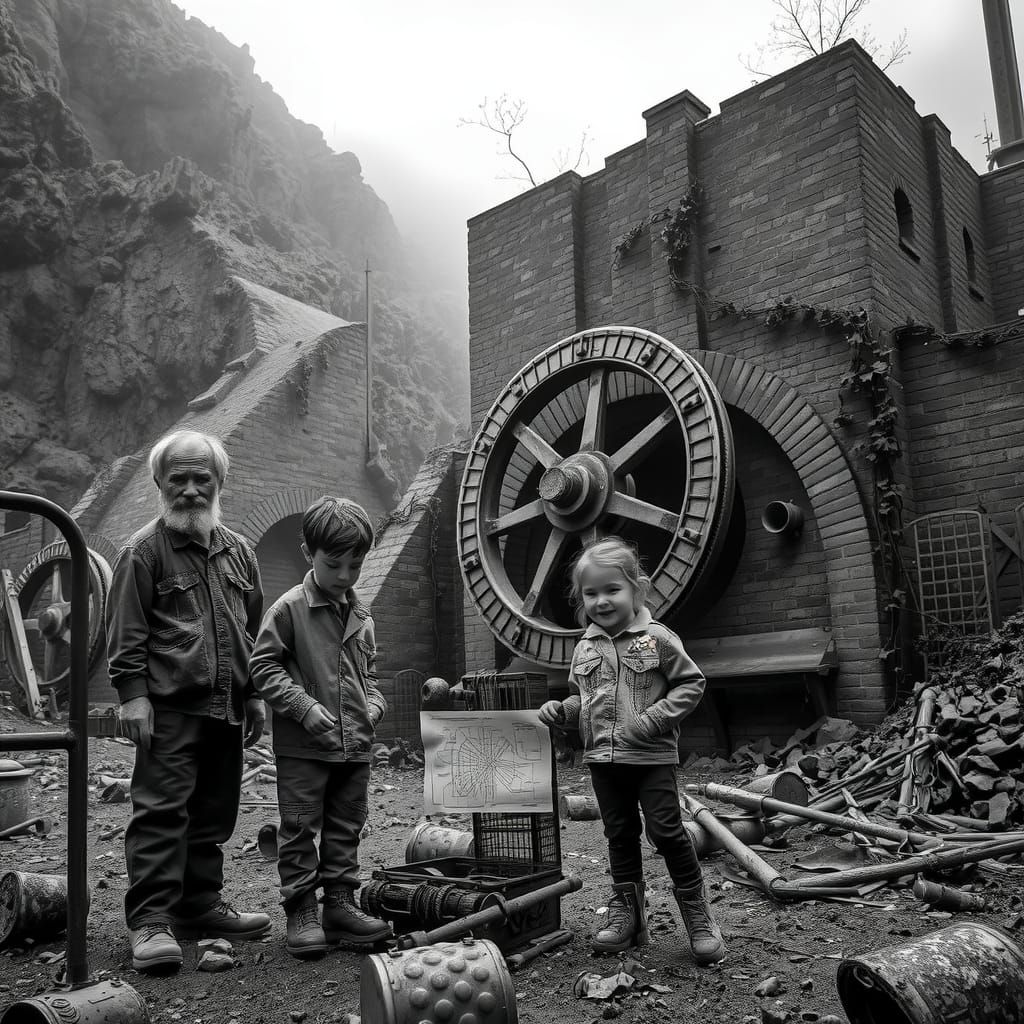 Eerie Coal Mine Entrance with Children, Black and White