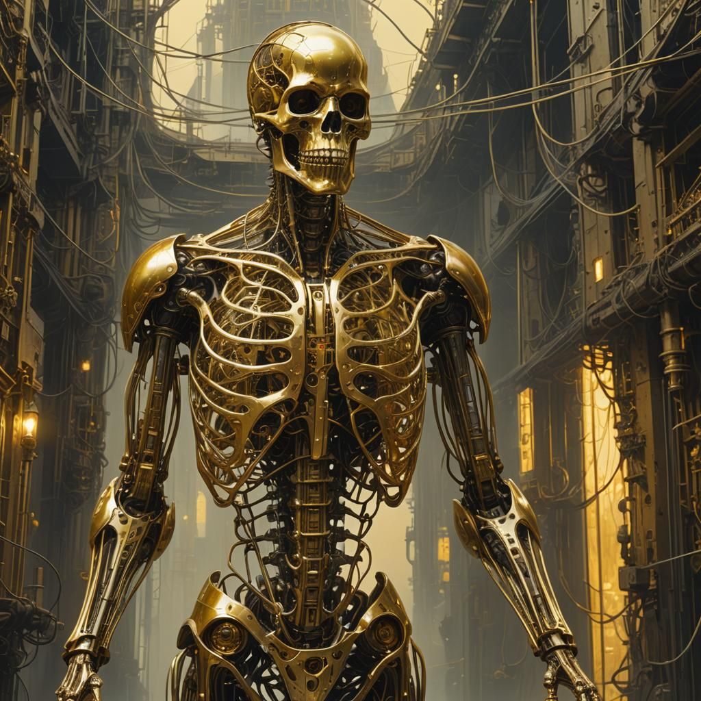 Gold Cyborg Skeleton Coin Toss in Dystopian Setting