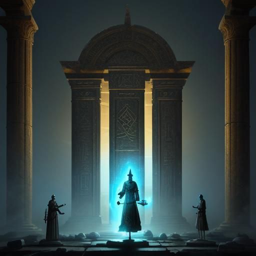 Mystical Figure Holds Glowing Staff in Ancient Temple