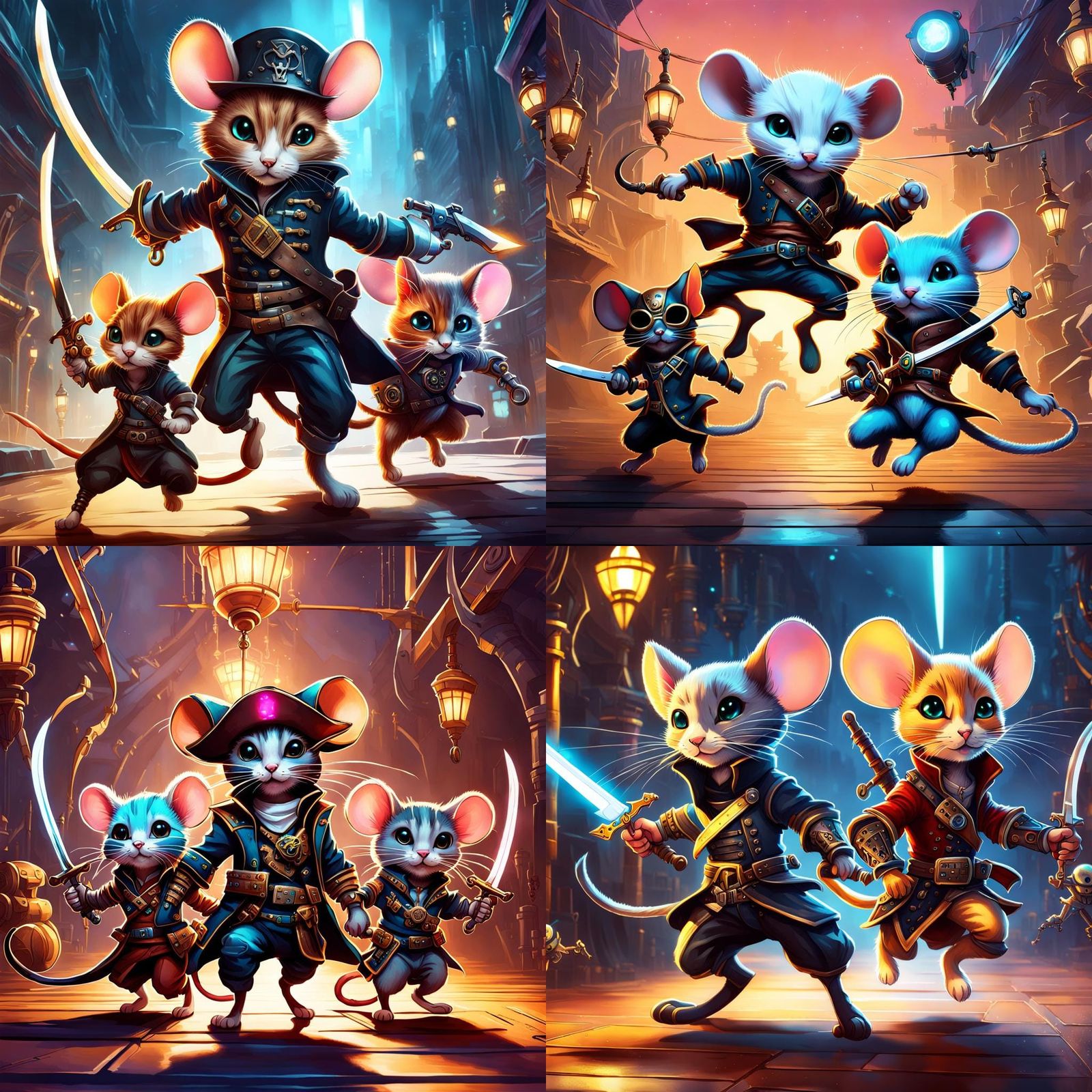 Cyberpunk Mice Swashbucklers Fight Cats in Neon Cityscape