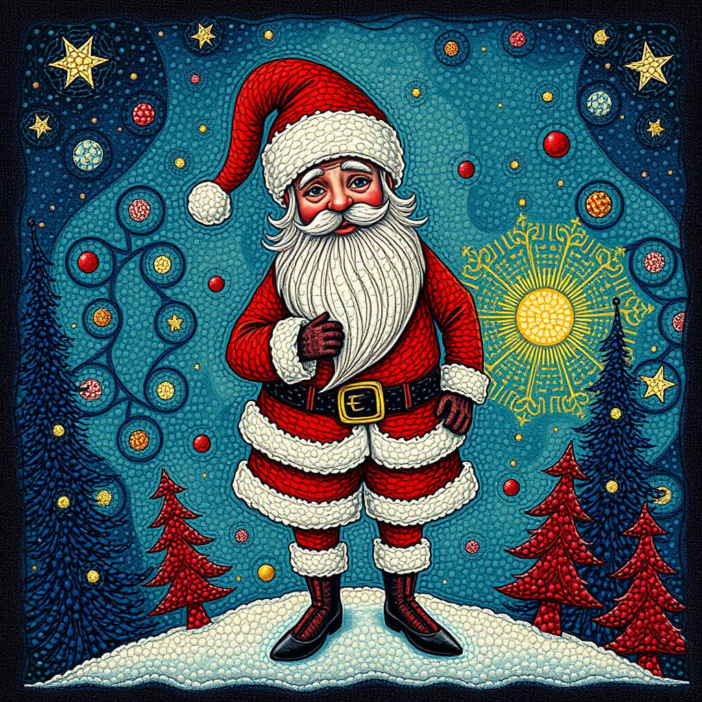 Whimsical Red Santa in Pointillism Style
