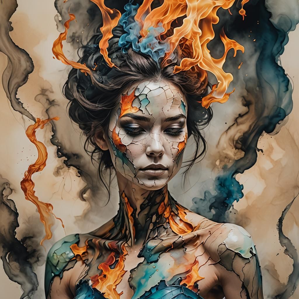Ethereal Woman's Transformation: Flame to Flesh