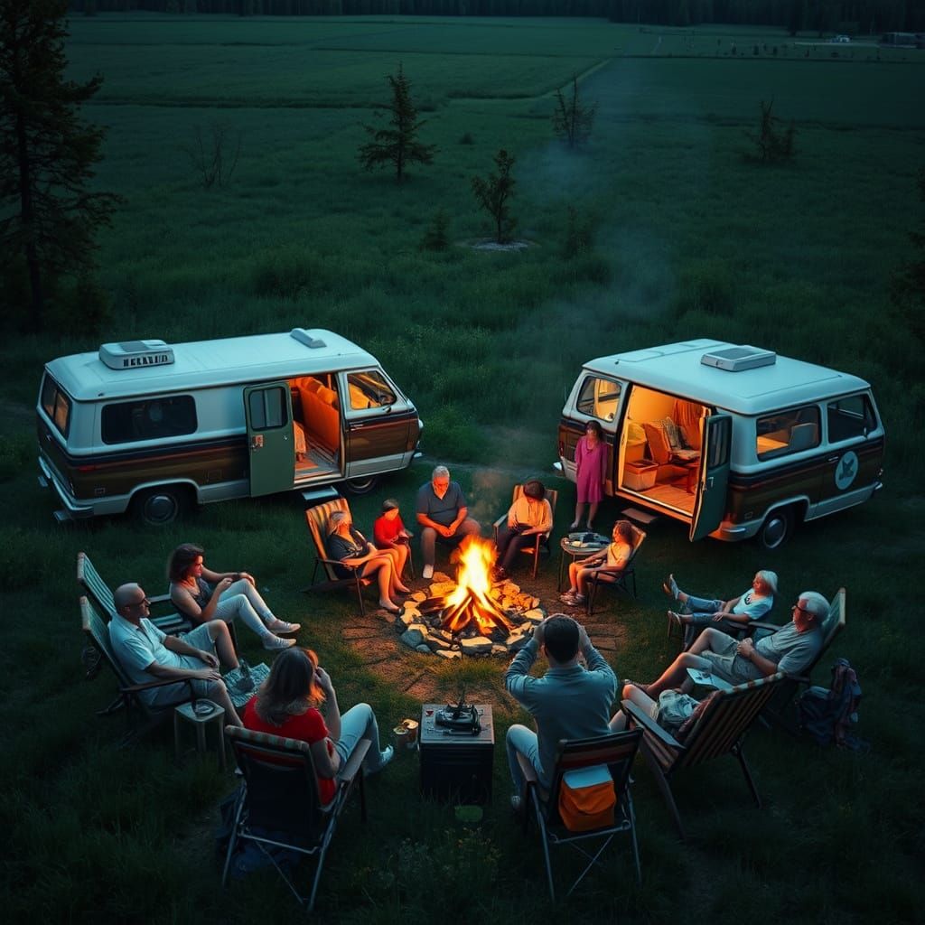 1970s Van Camping Scene with Campfire