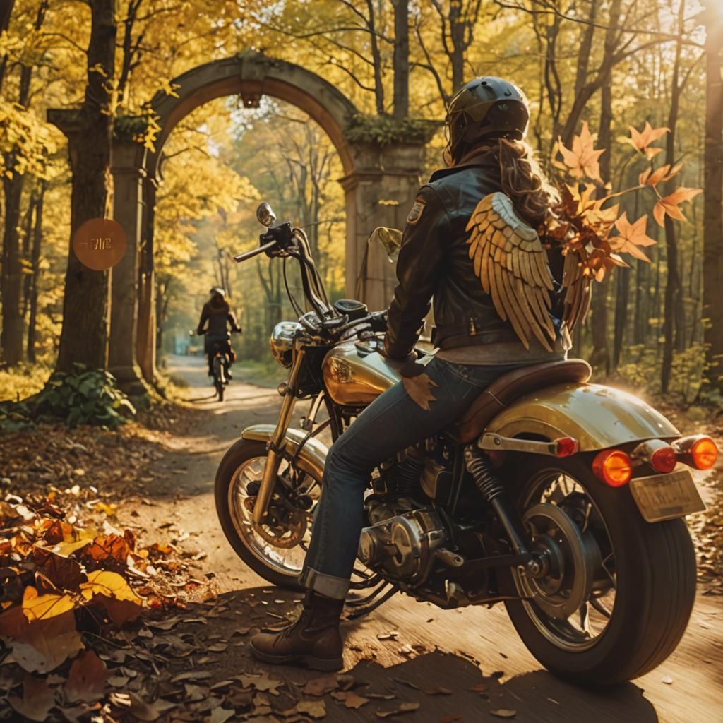 Winged Woman Rides Motorcycle Through Autumn Woods